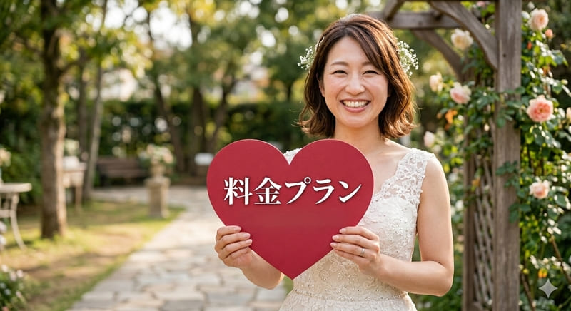 ウェディングドレスを着た女性が料金プランと書かれた赤いハートを持つ結婚相談所のイメージ